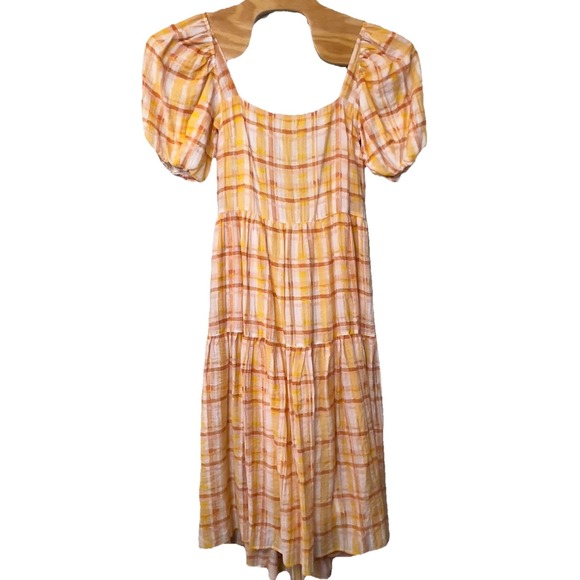 ASTR Llana Orange‎ Yellow Plaid Tiered Midi Dress Puff Sleeve Large Boho Cottage - Picture 1 of 9